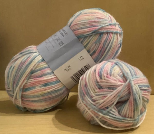 James C Brett Magi Knit pink, white, and blue