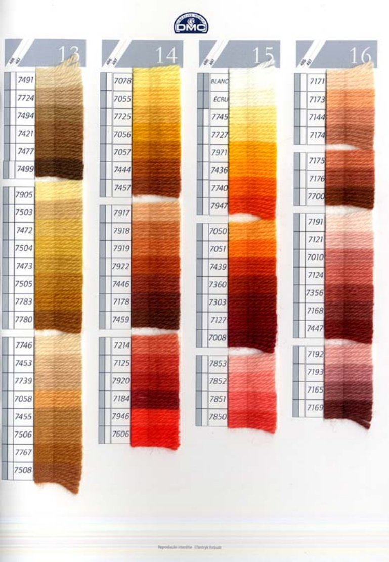 DMC Tapestry Wool 4 Columns 13 14 15 and 16 on shade card Romni Wools Ltd