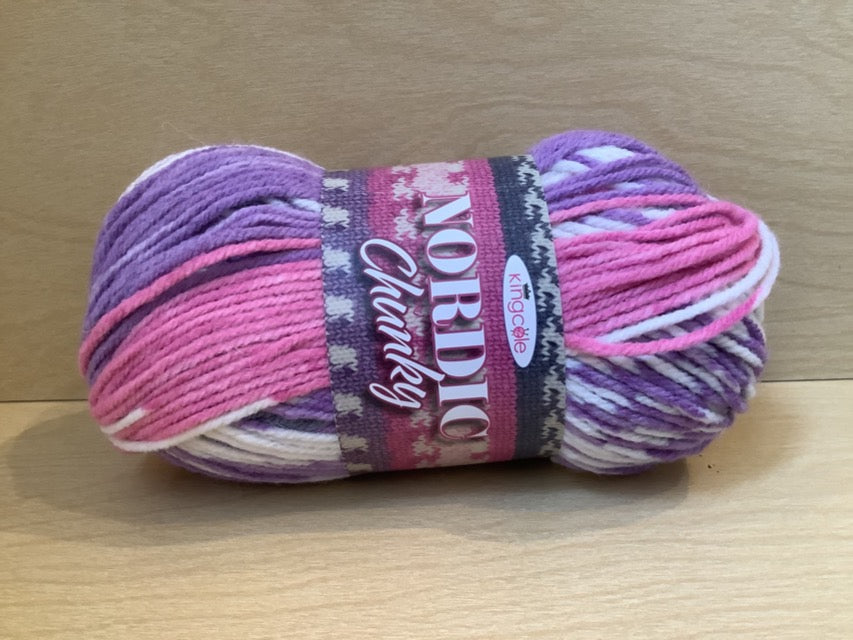 Color 4804 Tove. Soft pink, white, and lilac variegated yarn