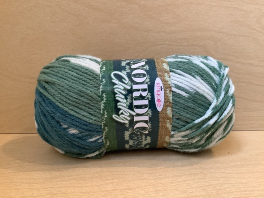 Color 4805 Ulf. Green, off white, and aqua variegated yarn