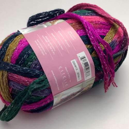 Coral, fuschia, green, mustard and navy scarf yarn with silver shimmer