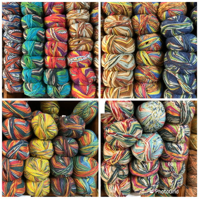 display of Opal sock yarn in colourways inspired by the artwork from Hundertwasser